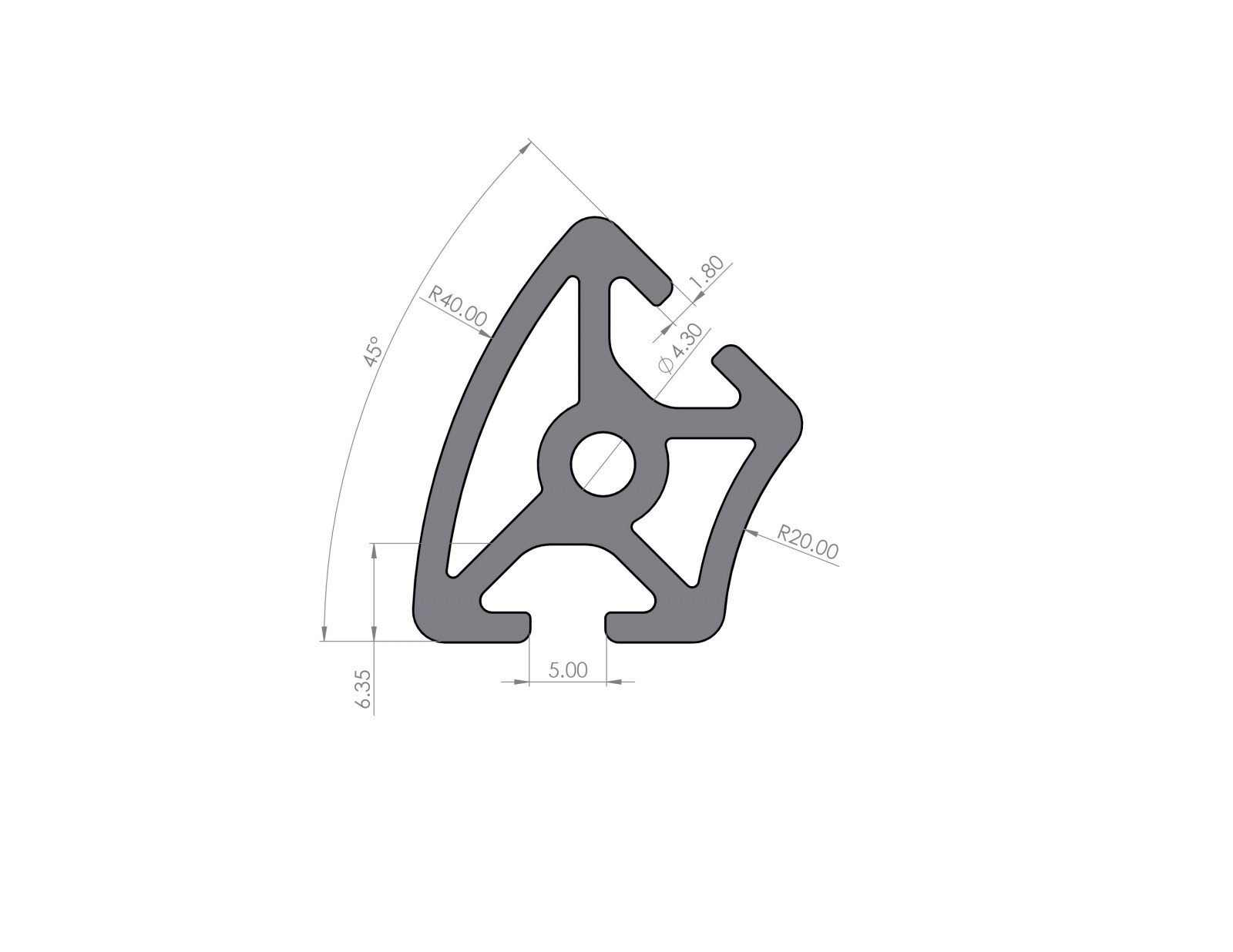 Aluminum profile R20x40 groove 5 I-typ 45°